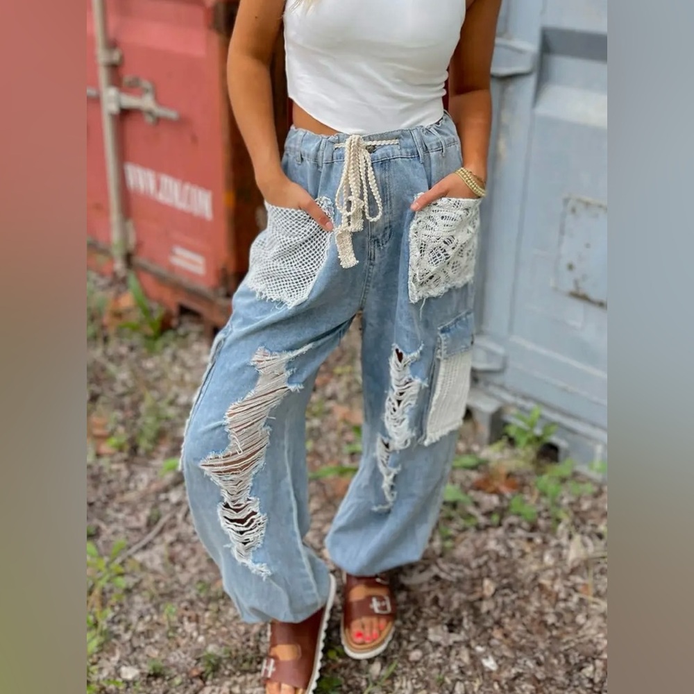 POL Light Blue Lace Patchwork Boyfriend Jeans - Picture 7 of 10